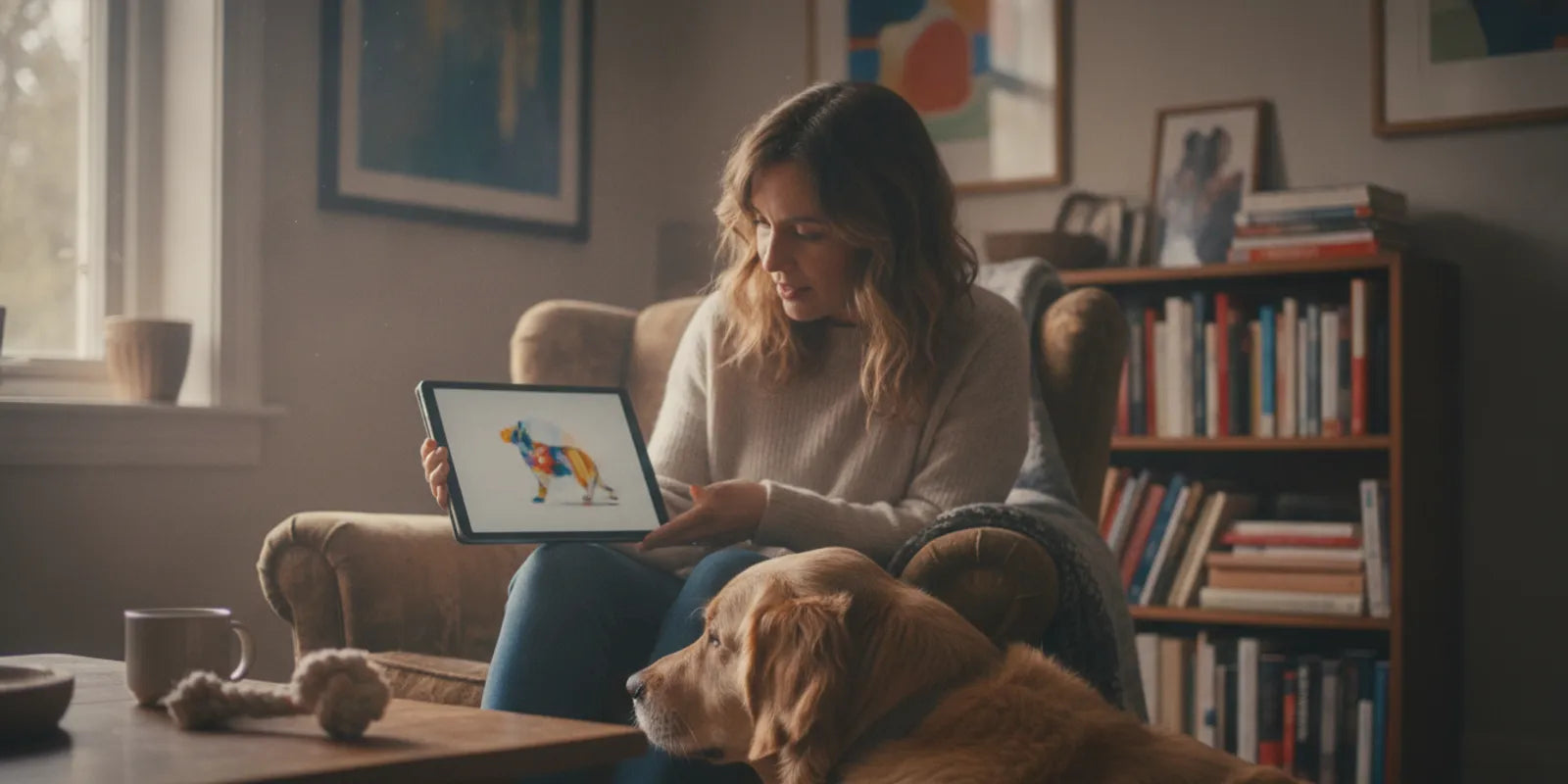 Dog owner learning alongside a dog at home
