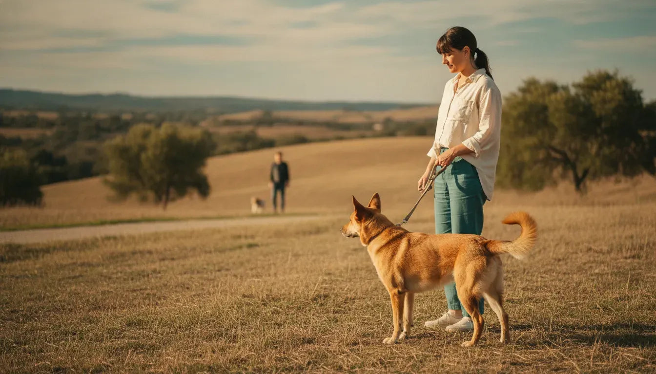Dog and owner observing a trigger during a calm behavior training session