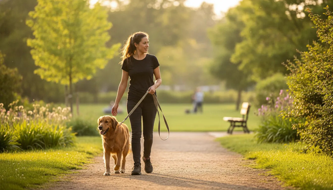 A calm dog trainer walking a dog on a loose leash in a park