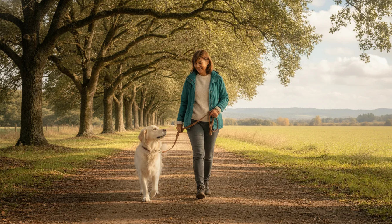 Dog and handler practicing calm leash walking on a quiet path