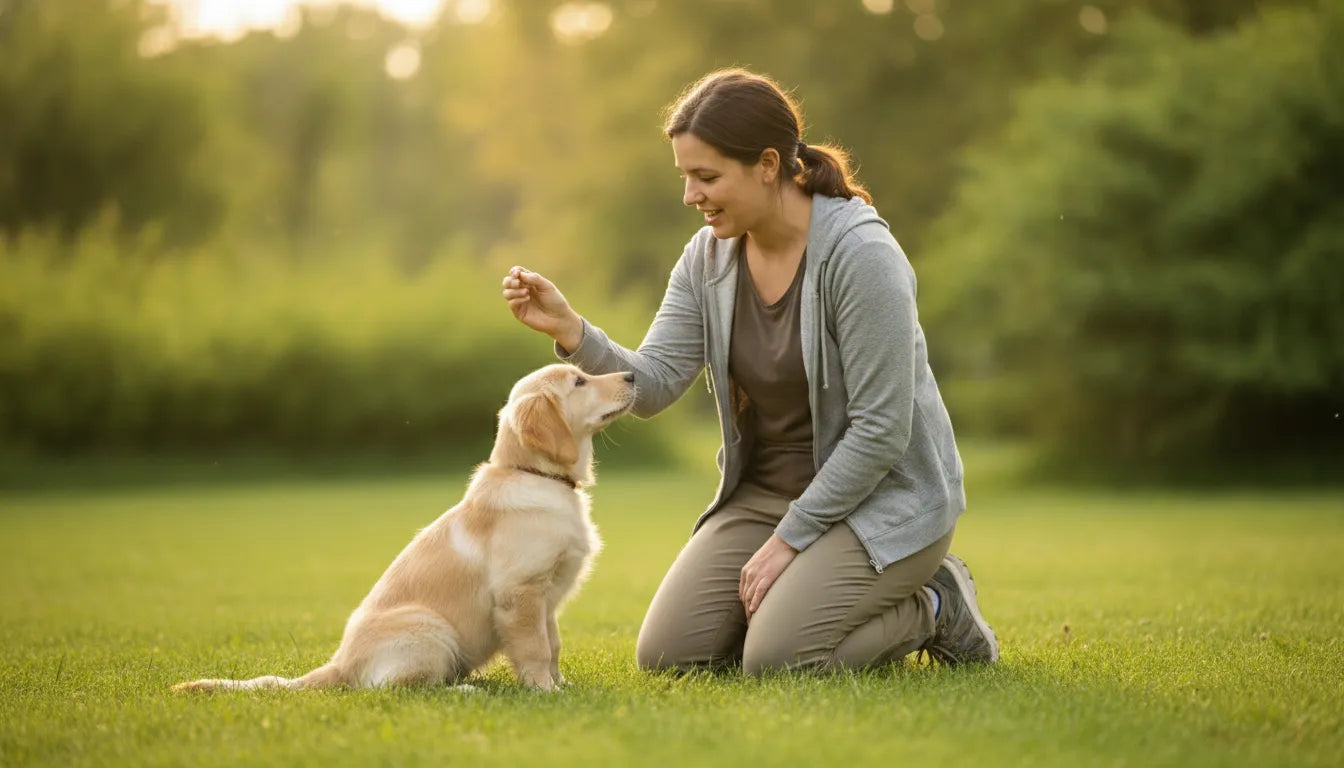 A first-time dog owner calmly guiding a young dog through a training cue outdoors