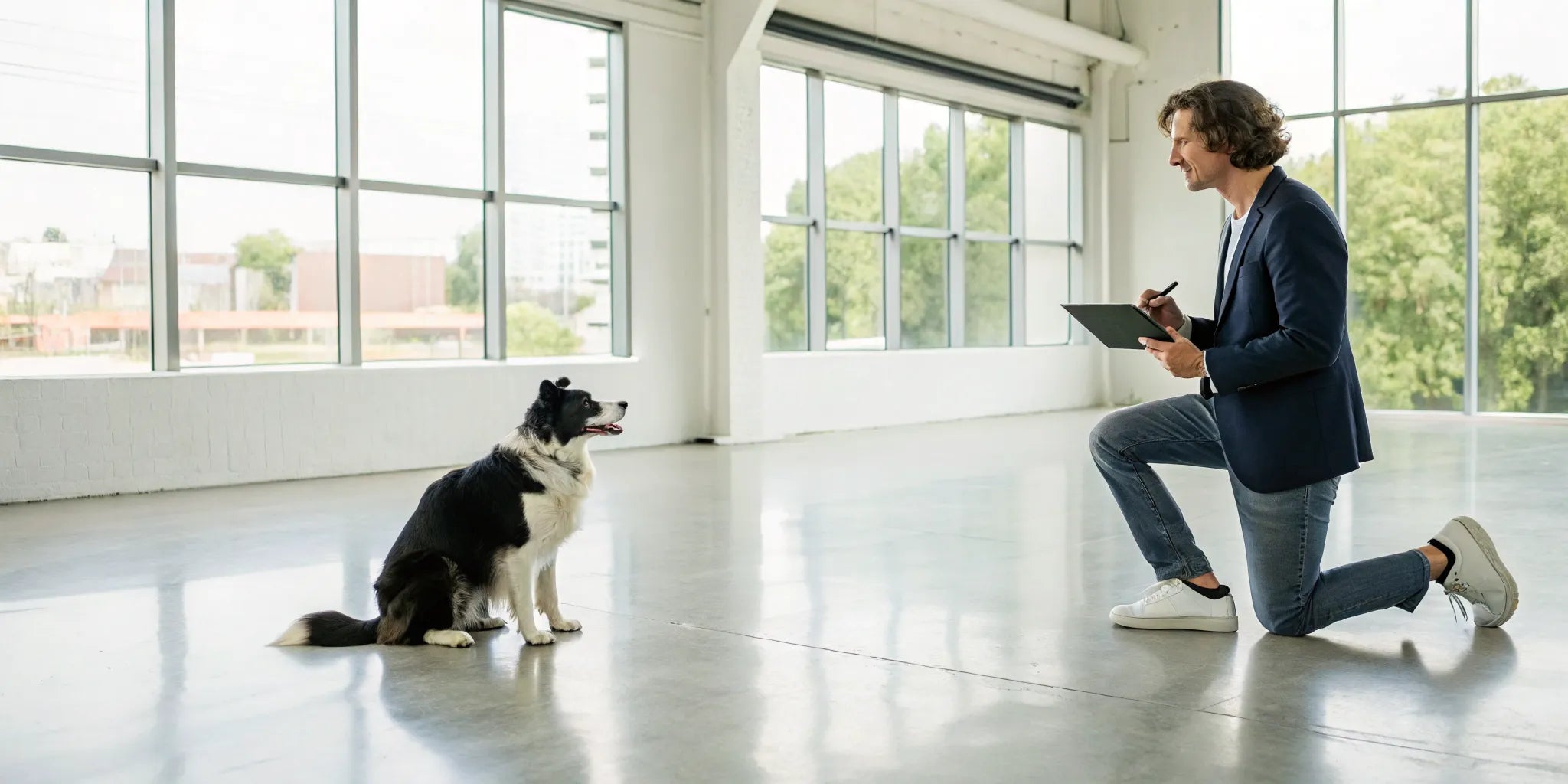 A man training a Border Collie, a key skill for how to become a certified dog trainer.
