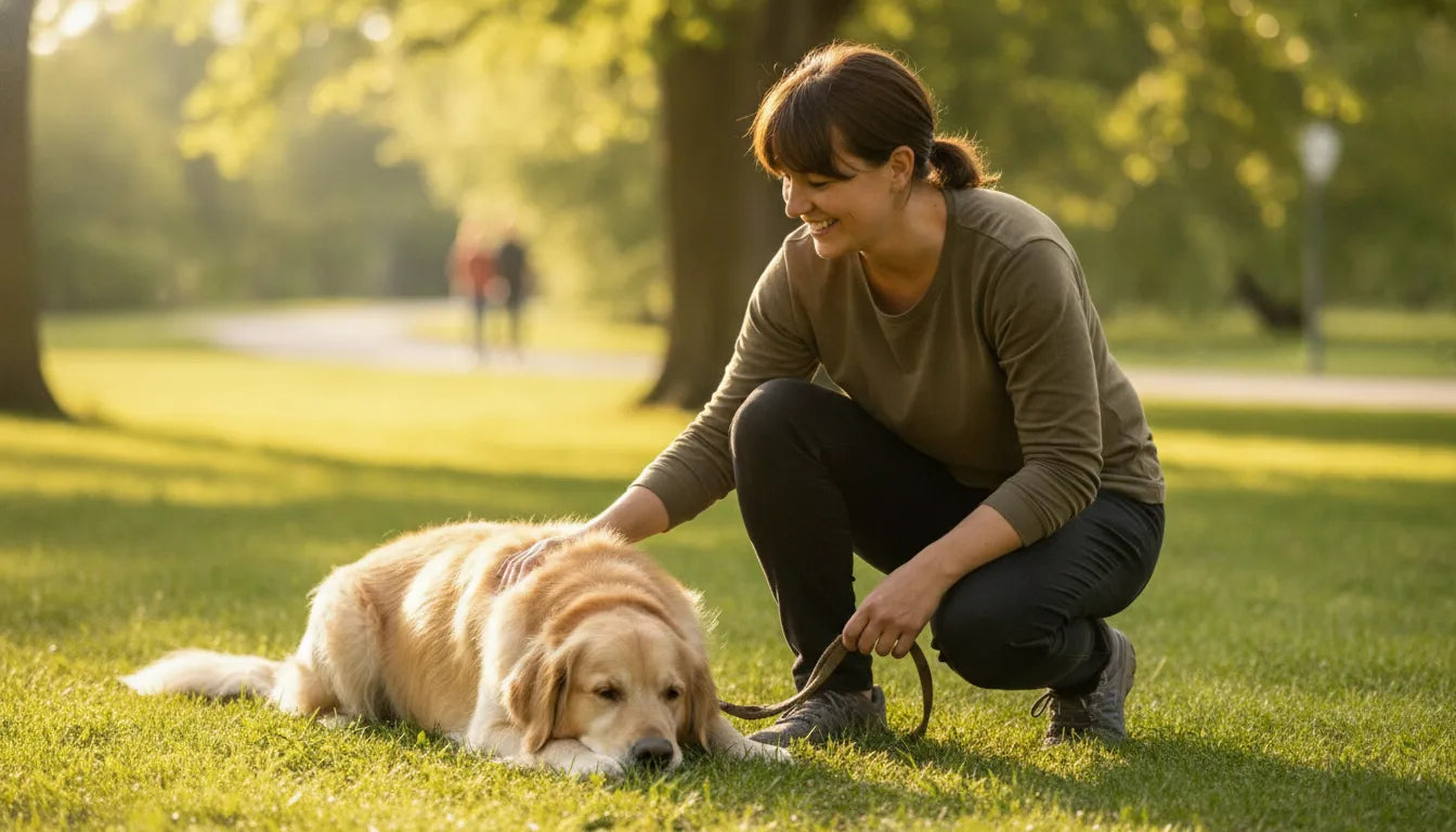 Dog trainer observing a calm dog during an outdoor training session