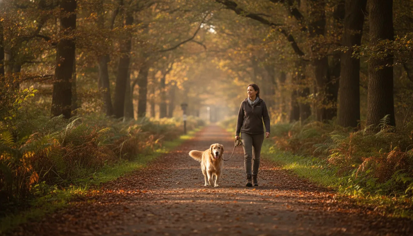 Dog walking calmly beside handler on a loose leash