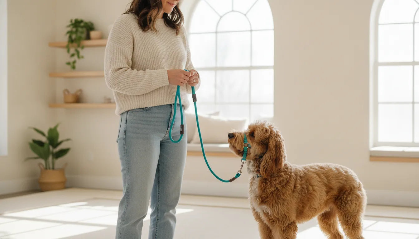 Dog owner practicing how to use the Sidekick leash indoors