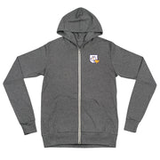 Front photo of unisex lightweight zip hoodie jacket with Heather's Heroes logo in grey