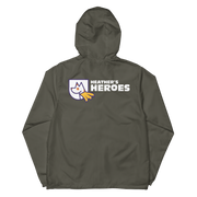 Back photo of unisex lightweight zip windbreaker jacket with Heather's Heroes logo in graphite