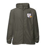 Front photo of unisex lightweight zip windbreaker jacket with Heather's Heroes logo in graphite
