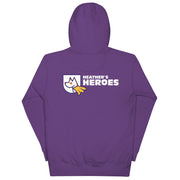 Back photo of unisex premium hoodie jacket with Heather's Heroes logo in purple