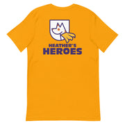 front of unisex staple t-shirt with Heather's Heroes logo in gold