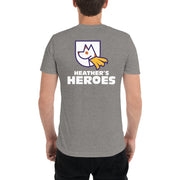 back of unisex t-shirt with Heather's Heroes logo in grey