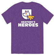 front of unisex staple t-shirt with Heather's Heroes logo in purple