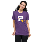 front of unisex t-shirt with Heather's Heroes logo in purple