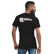 back of unisex v-neck t-shirt with Heather's Heroes logo in black