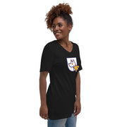right front of unisex v-neck tee with Heather's Heroes logo in black