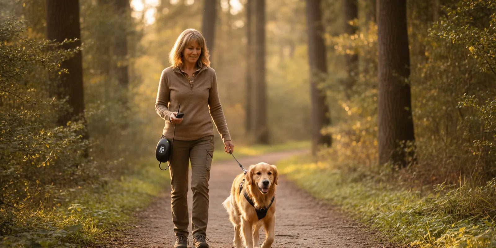 A dog and handler walking together with a training leash on a quiet path.