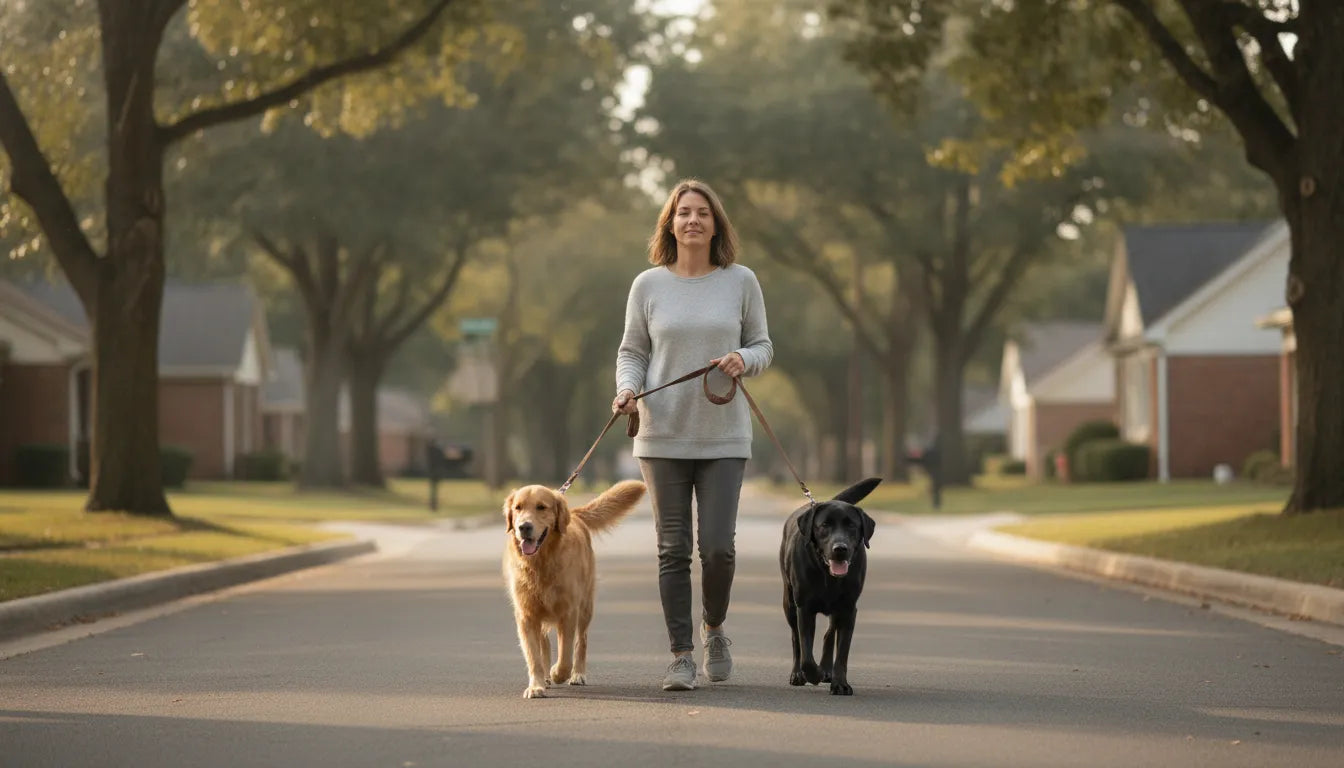 Owner walking two dogs side by side on separate leashes down a quiet street