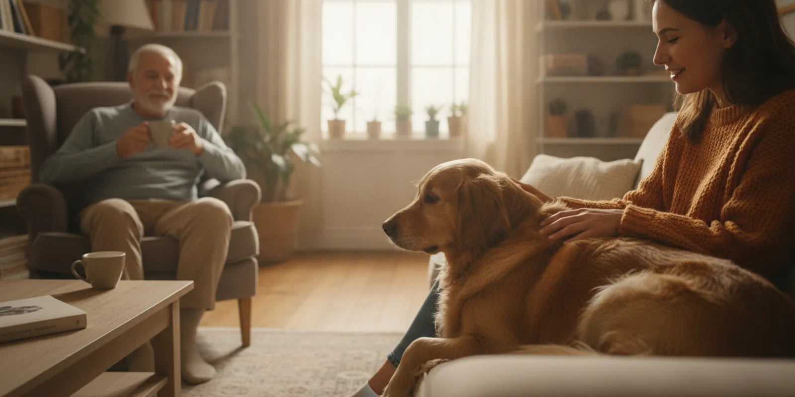 A dog resting beside their person in a welcoming living room as a visitor sits nearby