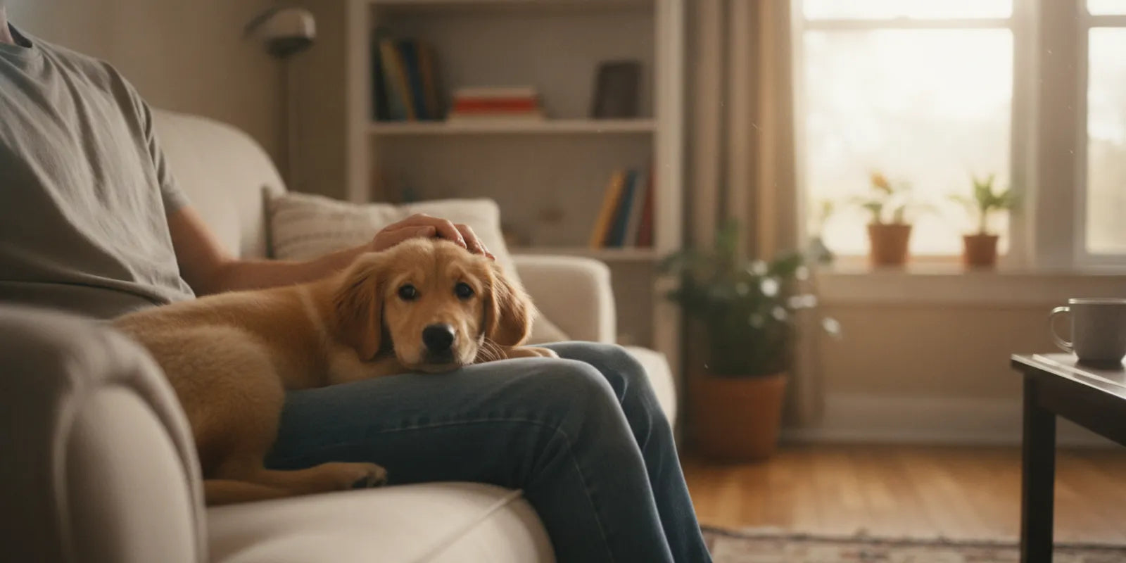 A young puppy learning beside its person at home