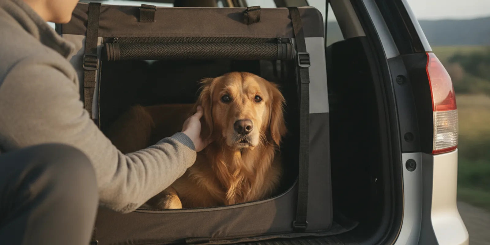 Dog resting in a secured car travel setup beside their owner