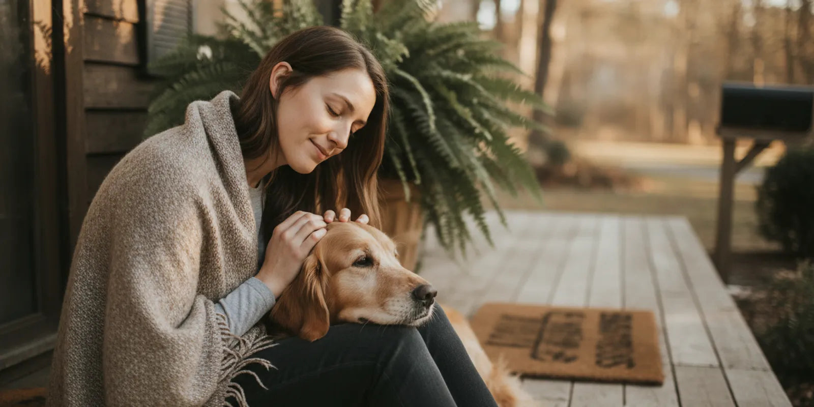 A dog and owner sharing a relaxed moment near the front door before a visitor arrives