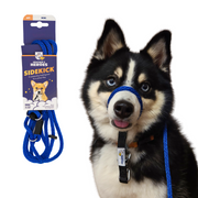 The Sidekick® mini in Blue with packaging and on a dog