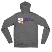 Back photo of unisex lightweight zip hoodie jacket with Heather's Heroes logo in grey