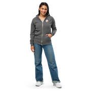 Front photo of unisex lightweight zip hoodie jacket with Heather's Heroes logo in grey