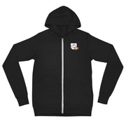 Front photo of unisex lightweight zip hoodie jacket with Heather's Heroes logo in black