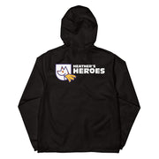 Back photo of unisex lightweight zip windbreaker jacket with Heather's Heroes logo in black