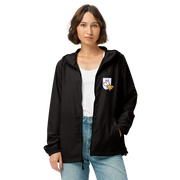 Front photo of unisex lightweight zip windbreaker jacket with Heather's Heroes logo in black