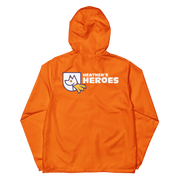 Back photo of unisex lightweight zip windbreaker jacket with Heather's Heroes logo in orange