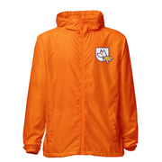 Front photo of unisex lightweight zip windbreaker jacket with Heather's Heroes logo in orange