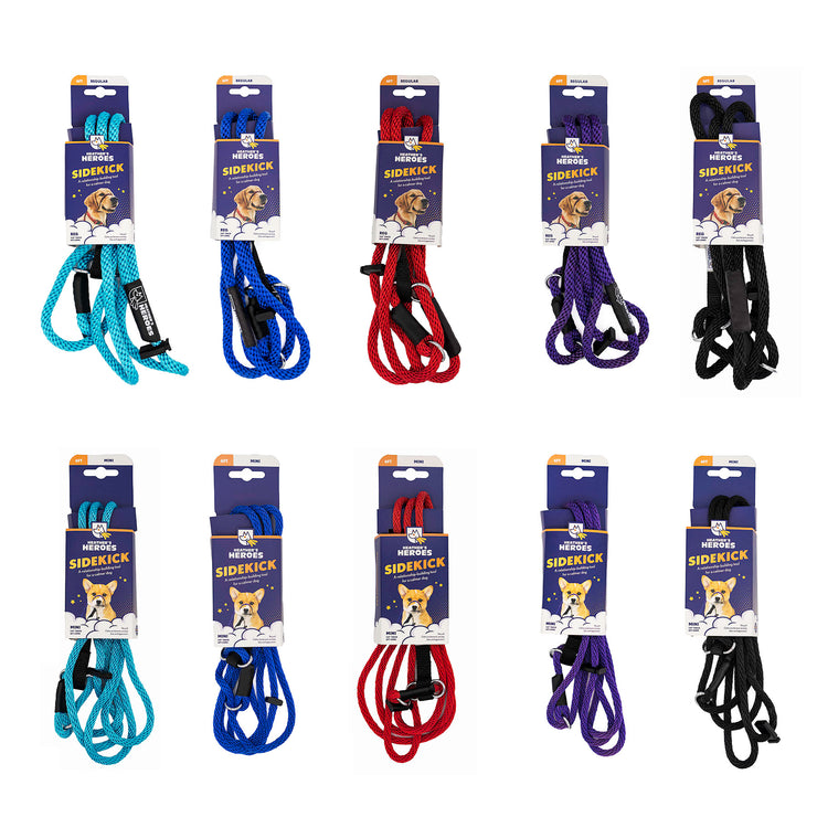 The Sidekick Leash in Regular size and Mini Size in various colors